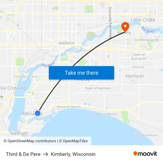 Third & De Pere to Kimberly, Wisconsin map