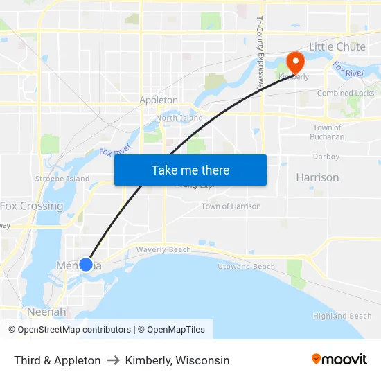 Third & Appleton to Kimberly, Wisconsin map