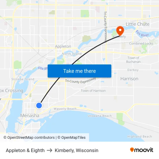 Appleton & Eighth to Kimberly, Wisconsin map