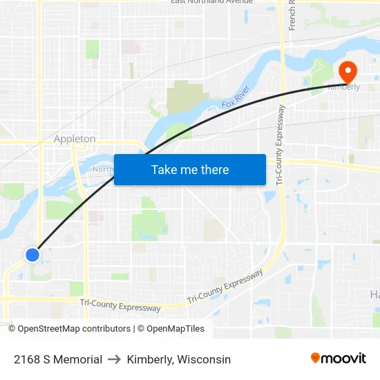 2168 S Memorial to Kimberly, Wisconsin map