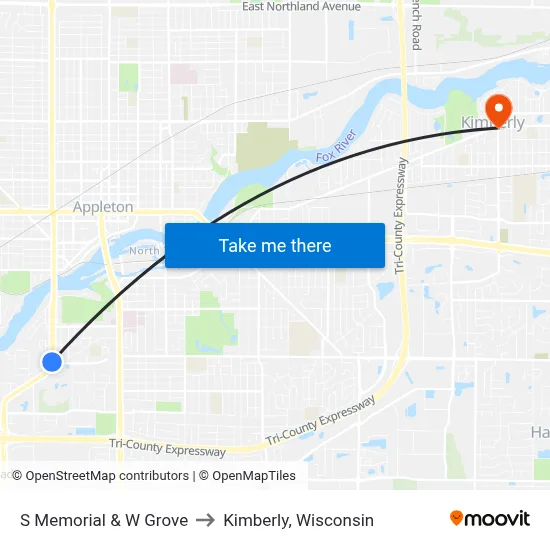 S Memorial & W Grove to Kimberly, Wisconsin map
