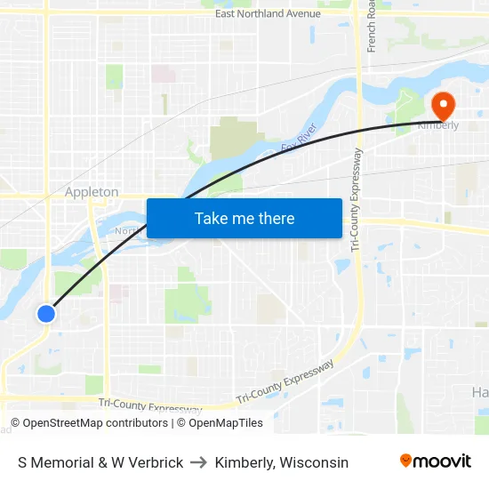 S Memorial & W Verbrick to Kimberly, Wisconsin map