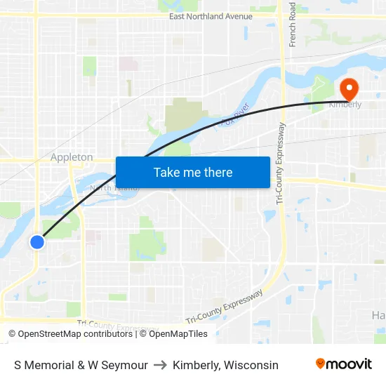 S Memorial & W Seymour to Kimberly, Wisconsin map