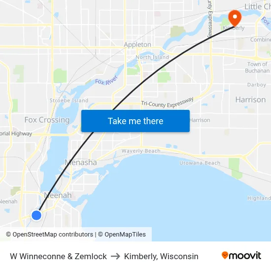 W Winneconne & Zemlock to Kimberly, Wisconsin map
