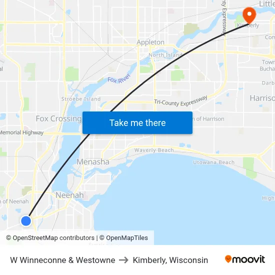 W Winneconne & Westowne to Kimberly, Wisconsin map
