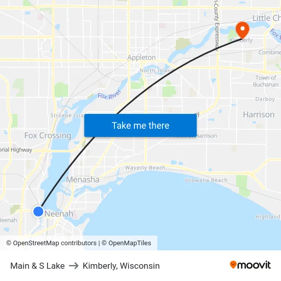 Main & S Lake to Kimberly, Wisconsin map