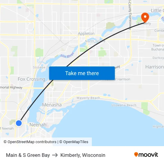 Main & S Green Bay to Kimberly, Wisconsin map