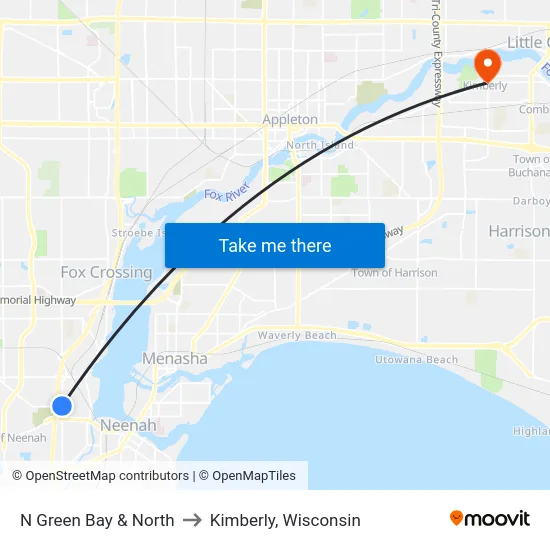 N Green Bay & North to Kimberly, Wisconsin map
