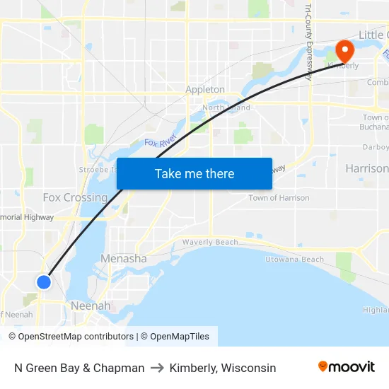 N Green Bay & Chapman to Kimberly, Wisconsin map