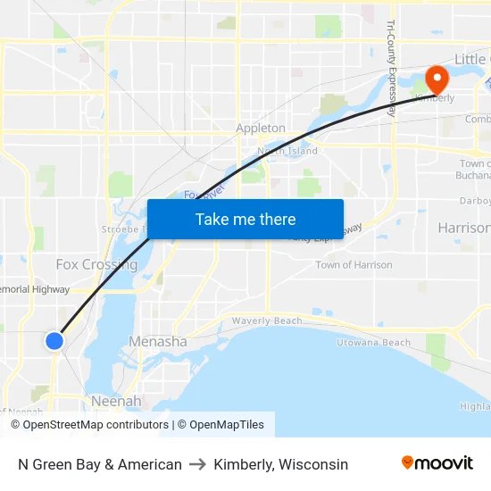 N Green Bay & American to Kimberly, Wisconsin map