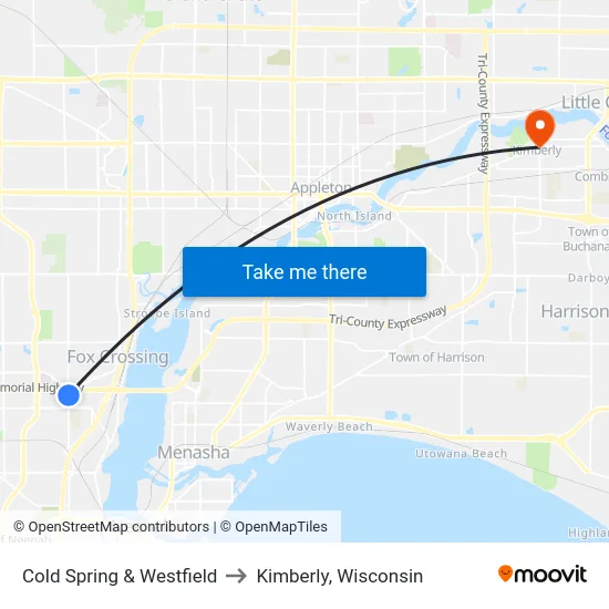 Cold Spring & Westfield to Kimberly, Wisconsin map