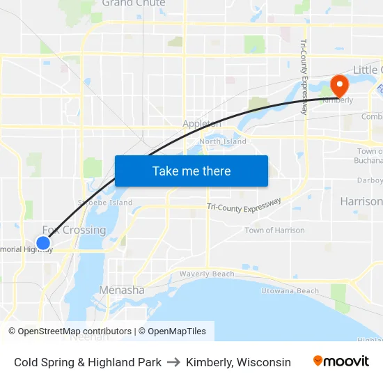 Cold Spring & Highland Park to Kimberly, Wisconsin map