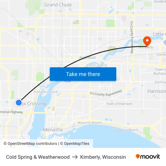 Cold Spring & Weatherwood to Kimberly, Wisconsin map