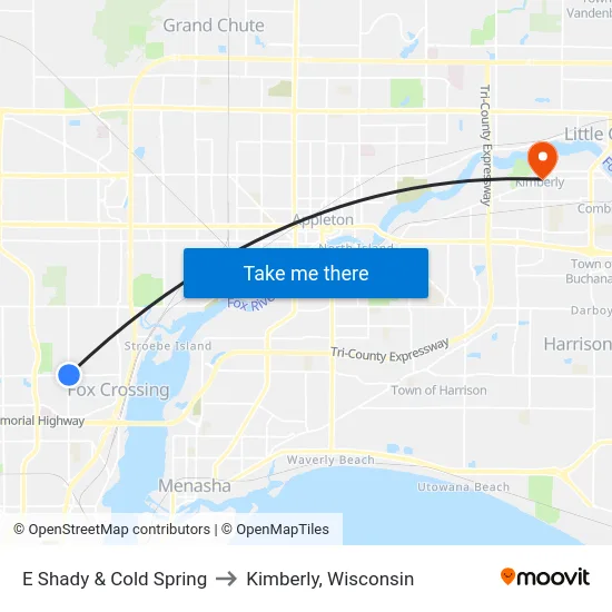 E Shady & Cold Spring to Kimberly, Wisconsin map