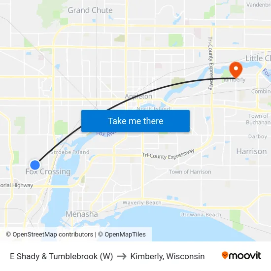 E Shady & Tumblebrook (W) to Kimberly, Wisconsin map