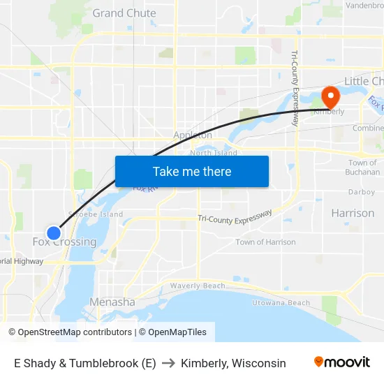 E Shady & Tumblebrook (E) to Kimberly, Wisconsin map