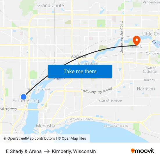 E Shady & Arena to Kimberly, Wisconsin map