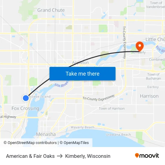American & Fair Oaks to Kimberly, Wisconsin map