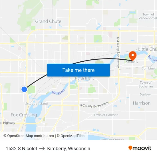 1532 S Nicolet to Kimberly, Wisconsin map
