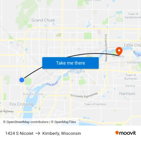1424 S Nicolet to Kimberly, Wisconsin map