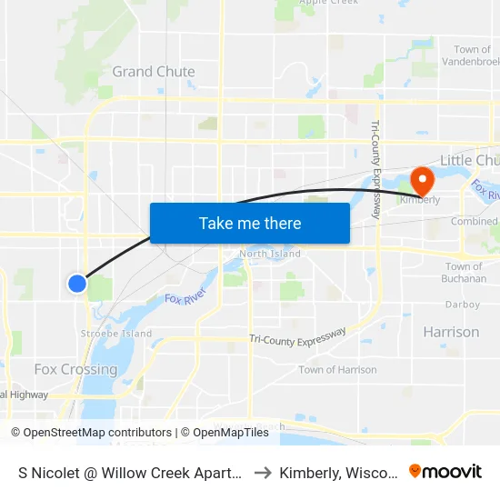 S Nicolet @ Willow Creek Apartments to Kimberly, Wisconsin map