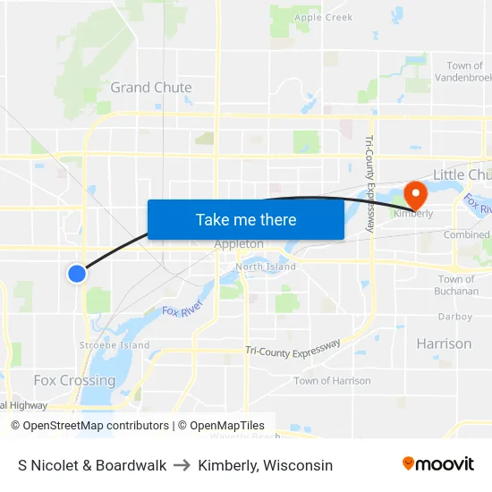 S Nicolet & Boardwalk to Kimberly, Wisconsin map