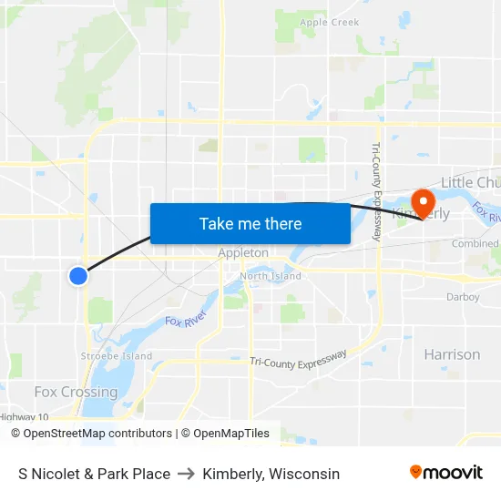 S Nicolet & Park Place to Kimberly, Wisconsin map
