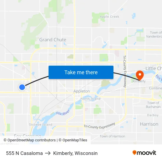 555 N Casaloma to Kimberly, Wisconsin map