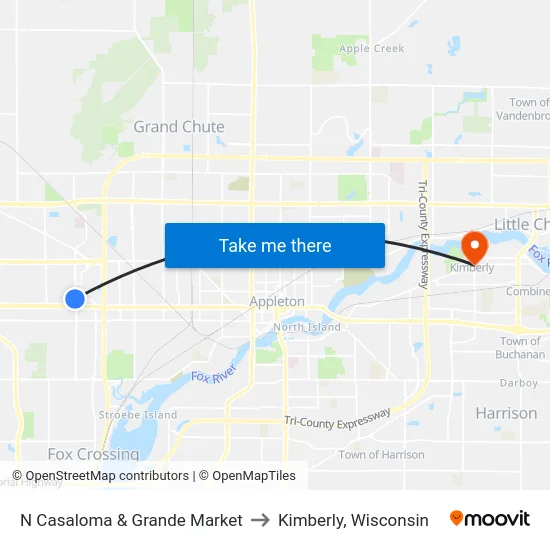 N Casaloma & Grande Market to Kimberly, Wisconsin map