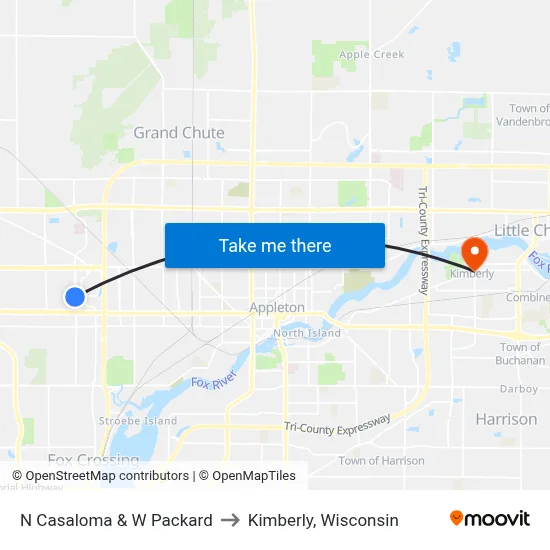 N Casaloma & W Packard to Kimberly, Wisconsin map