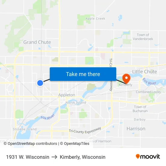 1931 W. Wisconsin to Kimberly, Wisconsin map