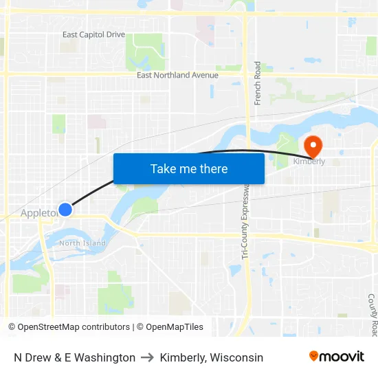 N Drew & E Washington to Kimberly, Wisconsin map