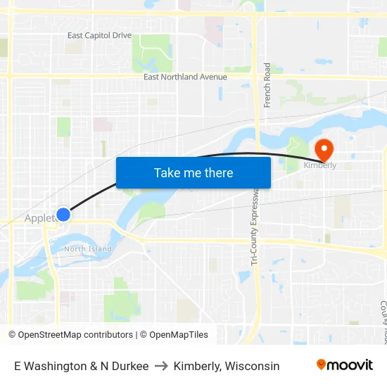 E Washington & N Durkee to Kimberly, Wisconsin map