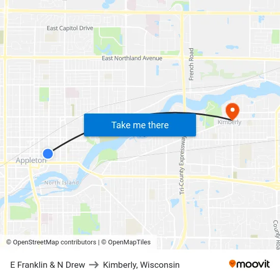 E Franklin & N Drew to Kimberly, Wisconsin map