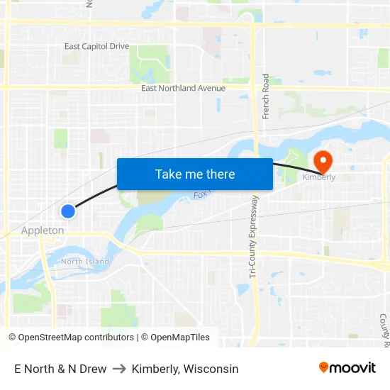 E North & N Drew to Kimberly, Wisconsin map