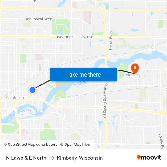 N Lawe & E North to Kimberly, Wisconsin map