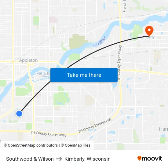 Southwood & Wilson to Kimberly, Wisconsin map