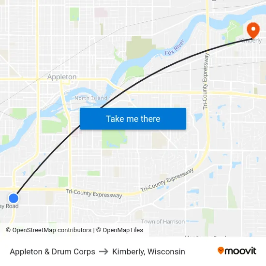 Appleton & Drum Corps to Kimberly, Wisconsin map