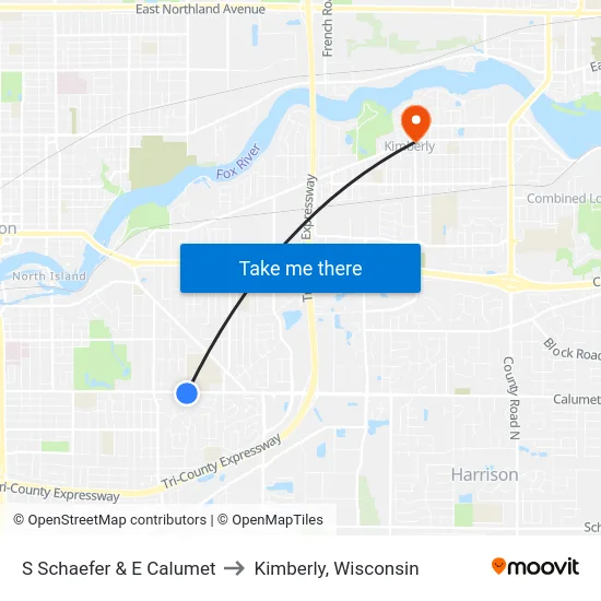 S Schaefer & E Calumet to Kimberly, Wisconsin map