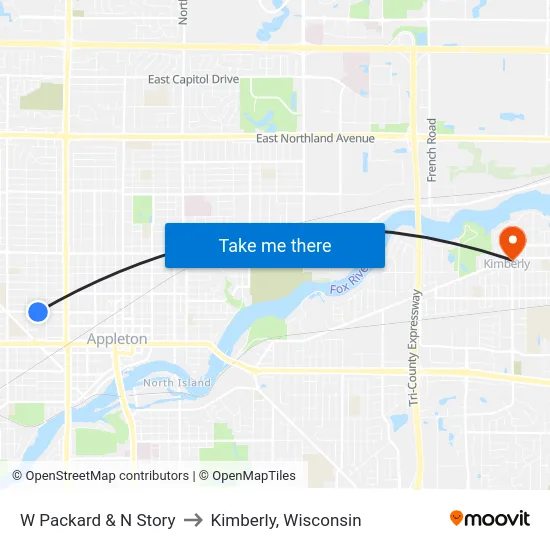 W Packard & N Story to Kimberly, Wisconsin map