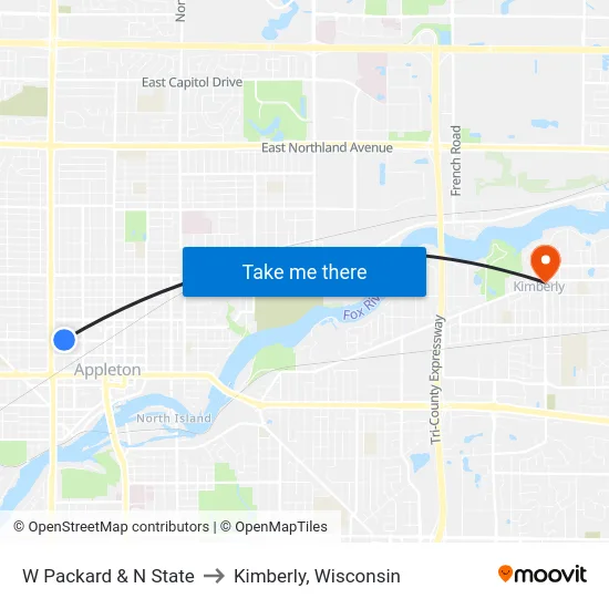 W Packard & N State to Kimberly, Wisconsin map