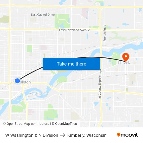W Washington & N Division to Kimberly, Wisconsin map