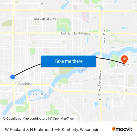 W Packard & N Richmond to Kimberly, Wisconsin map