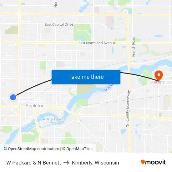 W Packard & N Bennett to Kimberly, Wisconsin map