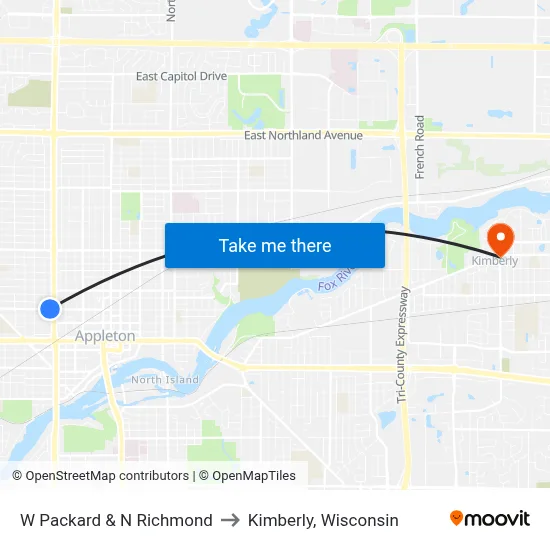 W Packard & N Richmond to Kimberly, Wisconsin map