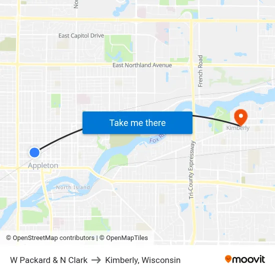 W Packard & N Clark to Kimberly, Wisconsin map