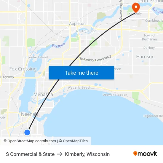 S Commercial & State to Kimberly, Wisconsin map