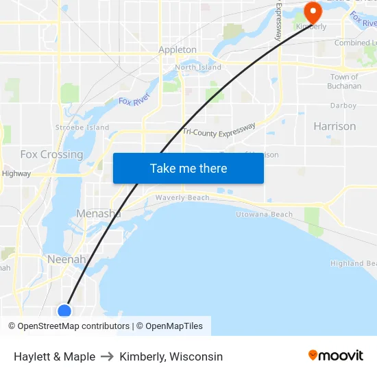 Haylett & Maple to Kimberly, Wisconsin map