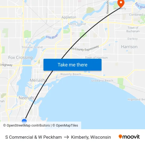 S Commercial & W Peckham to Kimberly, Wisconsin map