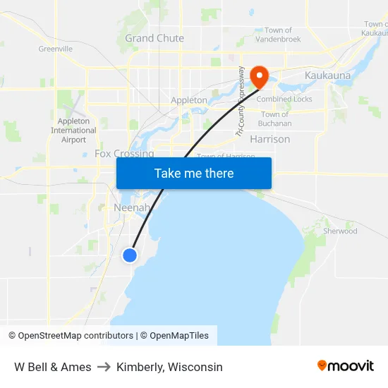 W Bell & Ames to Kimberly, Wisconsin map